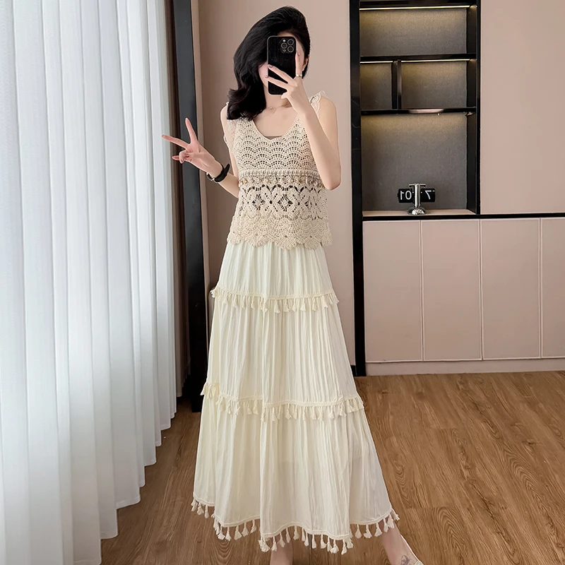 夏装搭配一整套时尚套装女2025新款流苏吊带抹胸背心半身裙三件套