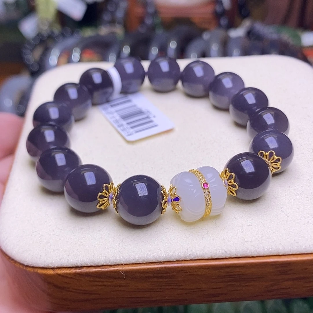 和田玉未镶嵌颈饰浓烟紫老料金镶收藏约12mm手串