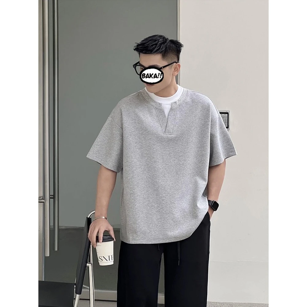 花灰色高克重磅设计感t恤男款夏季假两件V领短袖正肩美式复古半袖