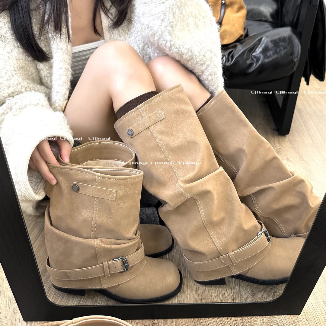 【林阿一】追求品质~西部堆堆靴女秋褶皱裤管长短靴复古骑士马丁靴