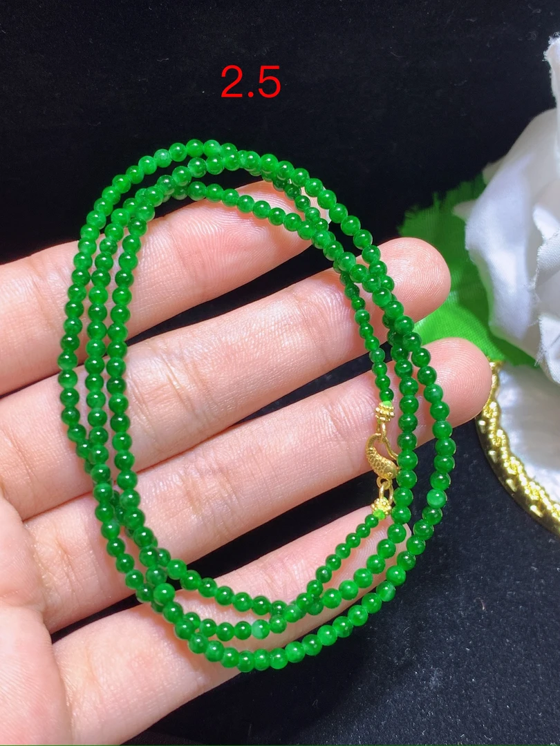 缅甸A货翡翠满绿小米珠项链