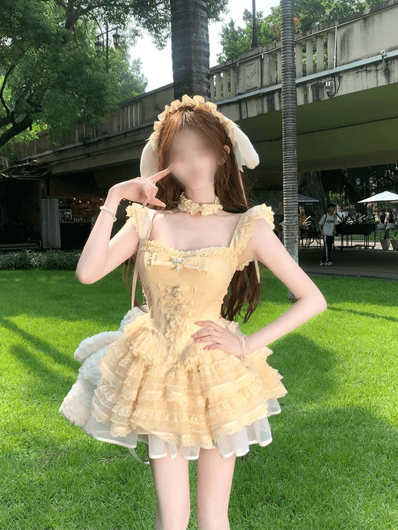 K9808新款波西米亚风花边蝴蝶结方领吊带连衣裙女修身显瘦蓬蓬裙