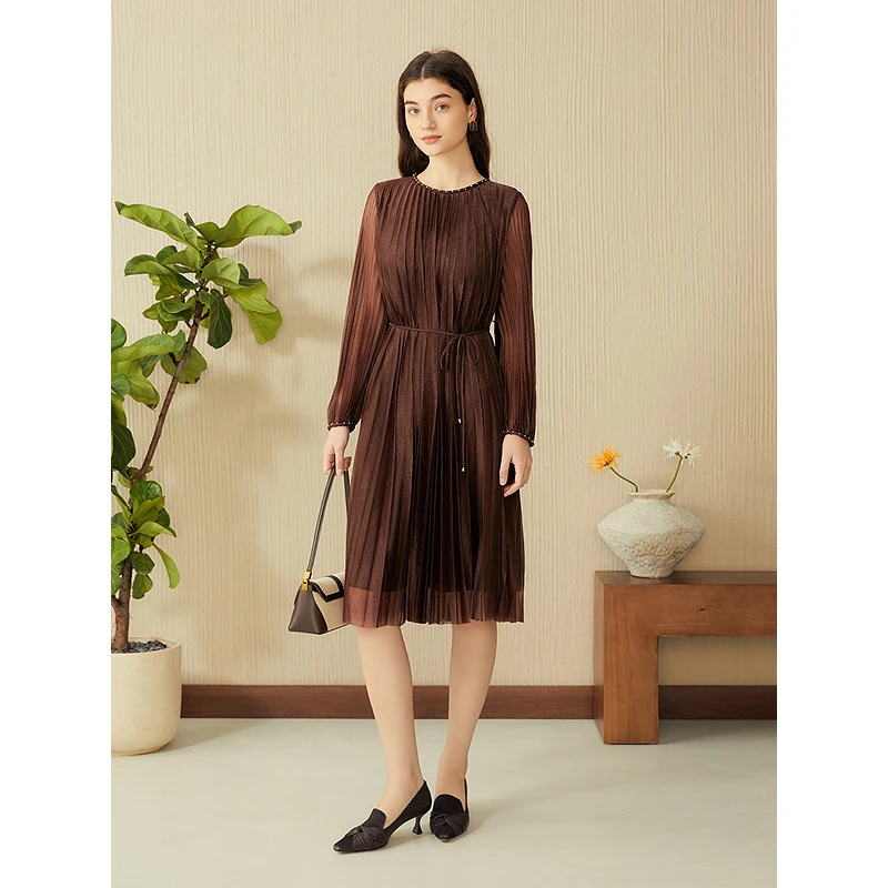 【星空褶艺】YINER音儿25秋季新款网纱压褶连衣裙8C65105286