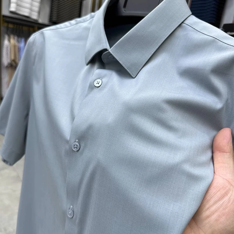 VIATEMSIARY高端无痕凉感冰丝短袖衬衫男士商务休闲宽松纯色衬衣