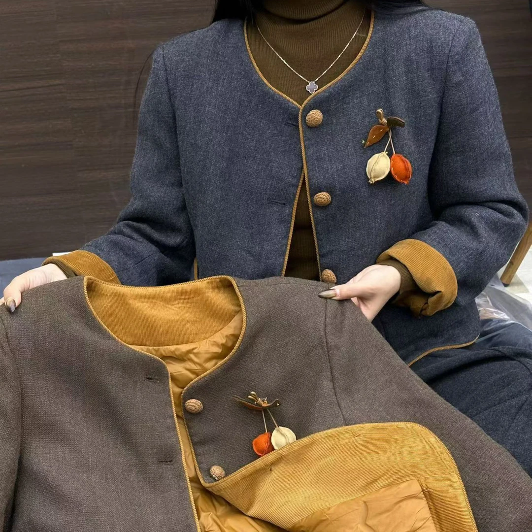 设计感夹棉设计带装饰花朵手工花小香风上衣短外套