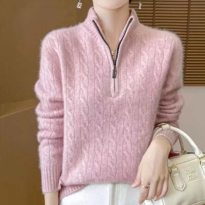 简约气质羊绒衫女半拉链立领麻花加厚套头毛衣减龄显瘦针织打底衫
