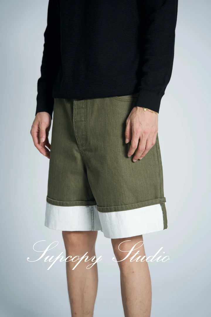 Supcopy B/V风格橄榄绿牛仔短裤 五分裤 水洗高街老钱风男女同款