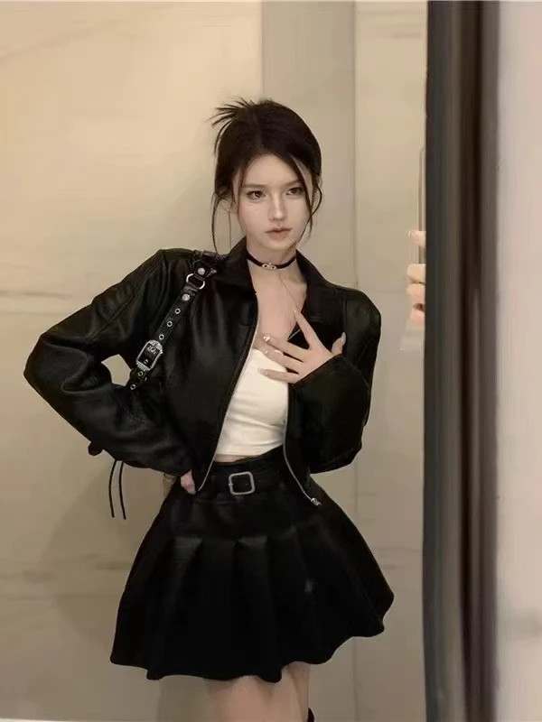 皮衣外套女套装秋季高级感短款高腰小个子显瘦辣妹百褶皮裙两件套