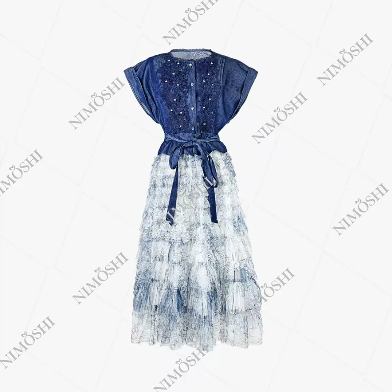 A【沐沐专属】新款韩版时尚百搭翻领系带设计感牛仔蛋糕拼接连衣裙