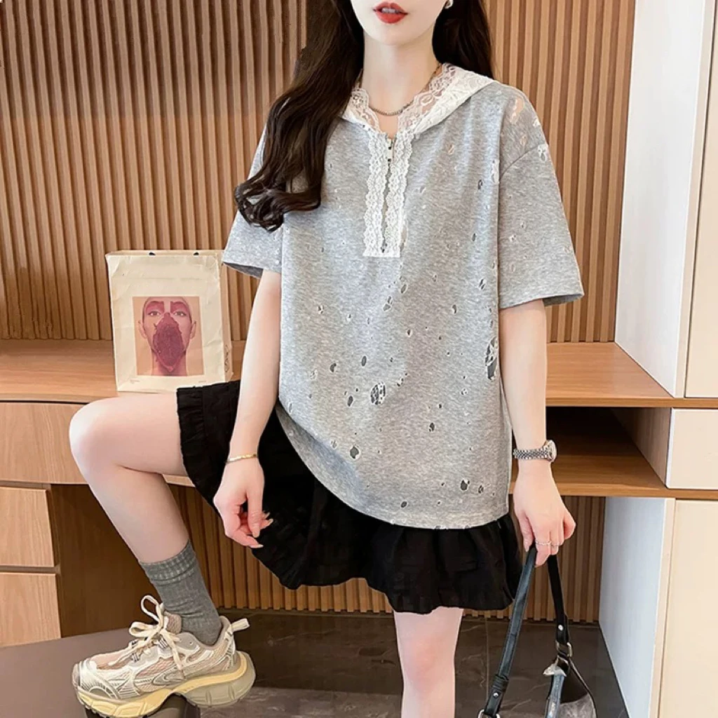 【8061】纯#设计感破洞半拉链连帽宽松上衣