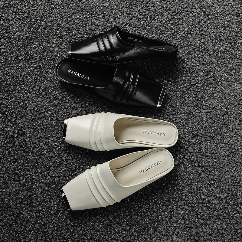 卡卡妮亚 金属方头真皮包头拖鞋女外穿时尚百搭法式平底凉拖女