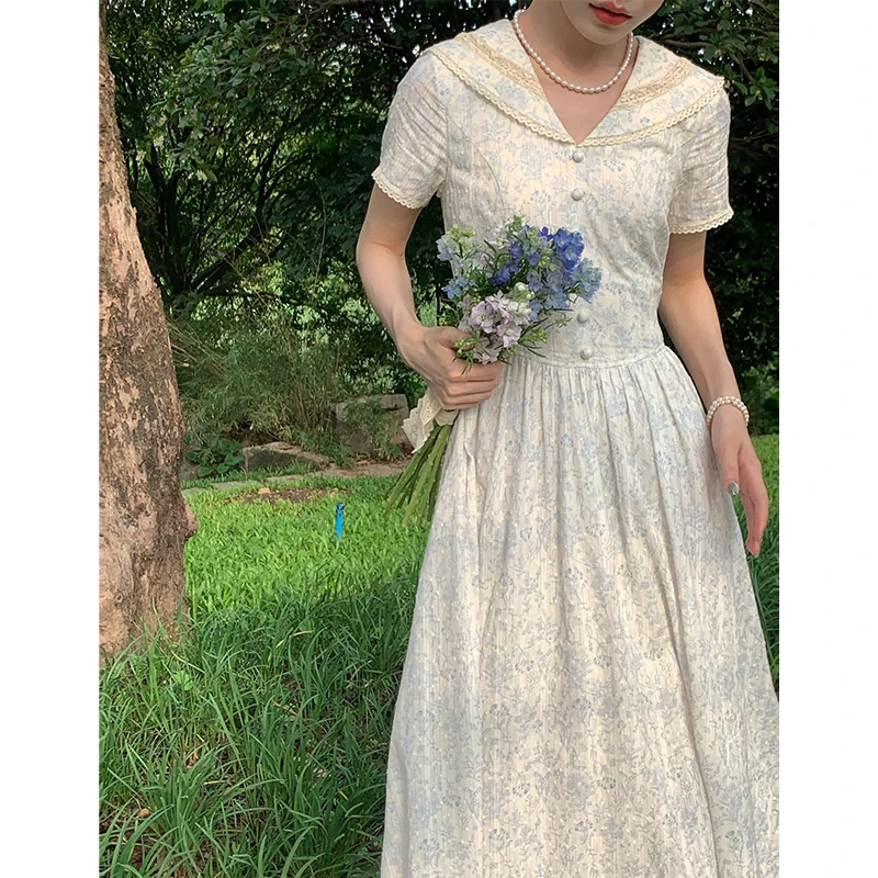 三个裁缝短袖 经典法式连衣裙女高端翻领设计感长裙 07102