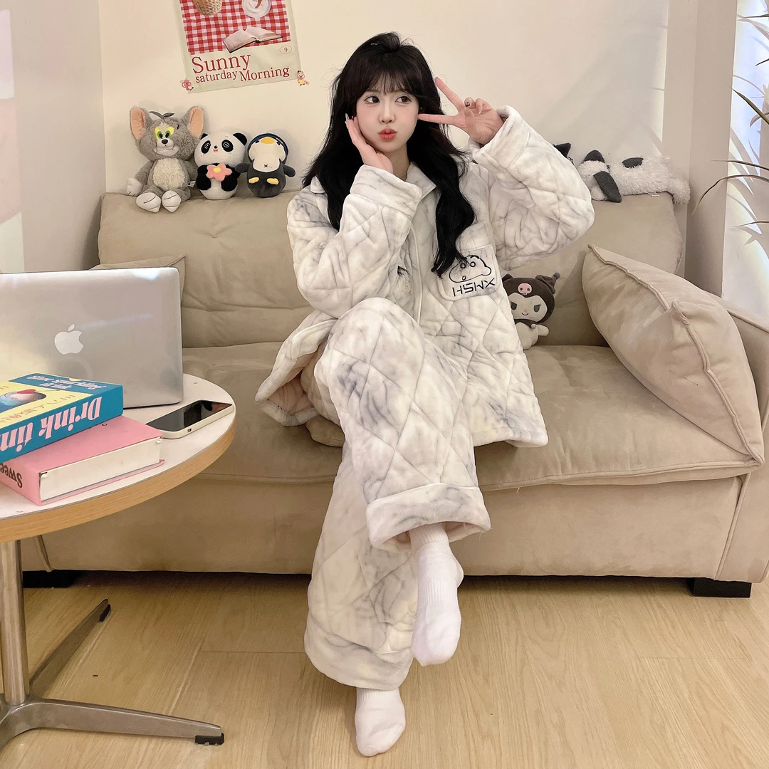 三层夹棉可爱卡通女士睡衣春秋季冬天加绒加厚款珊瑚绒家居服套装