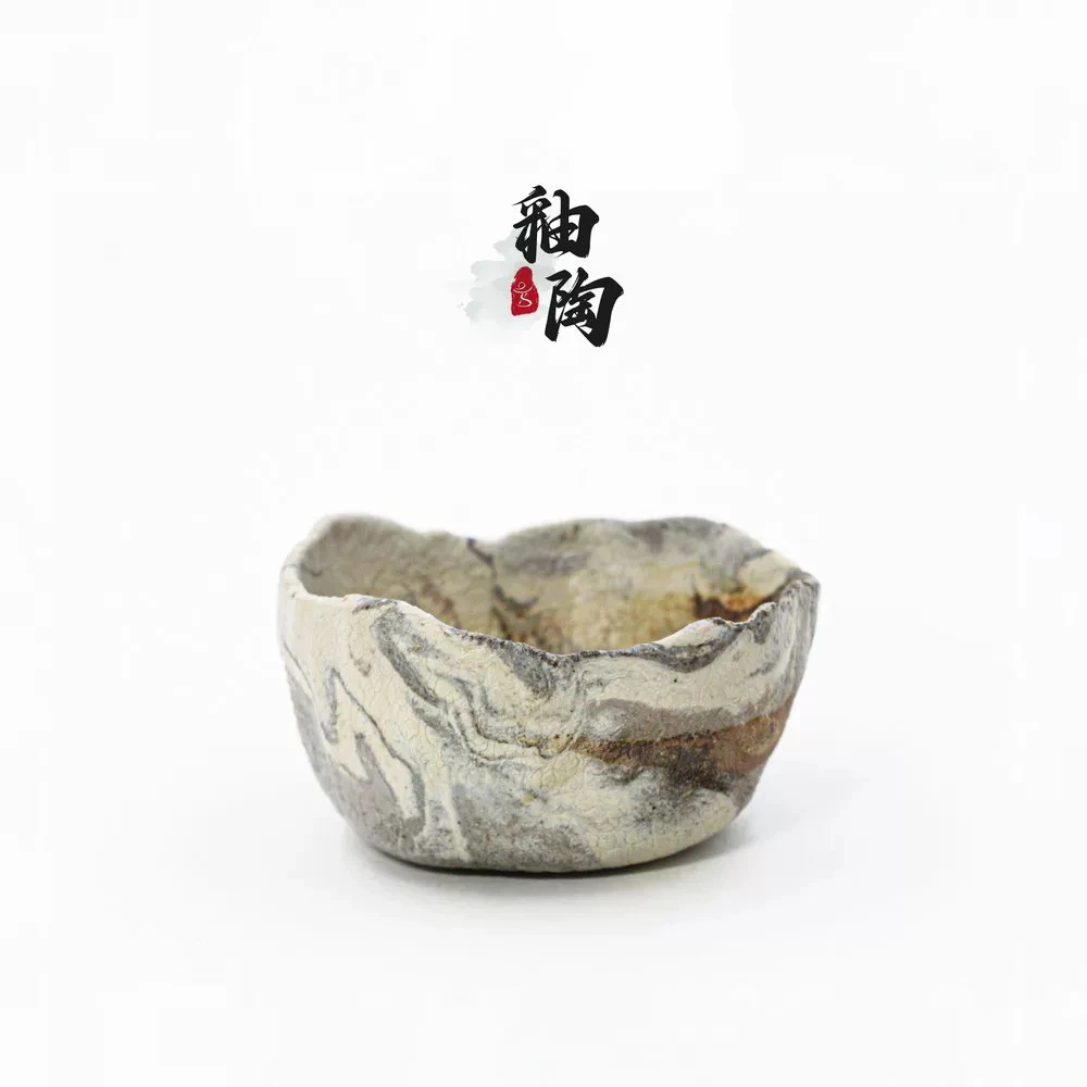 长安28烧釉陶佳作铕山子2025年手捏绞泥墨流布纹积釉大杯150ml