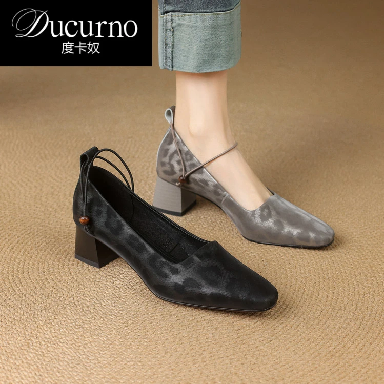 DUCURNO度卡奴2025款牛皮粗跟浅口单鞋方头中跟玛丽珍鞋百搭女鞋