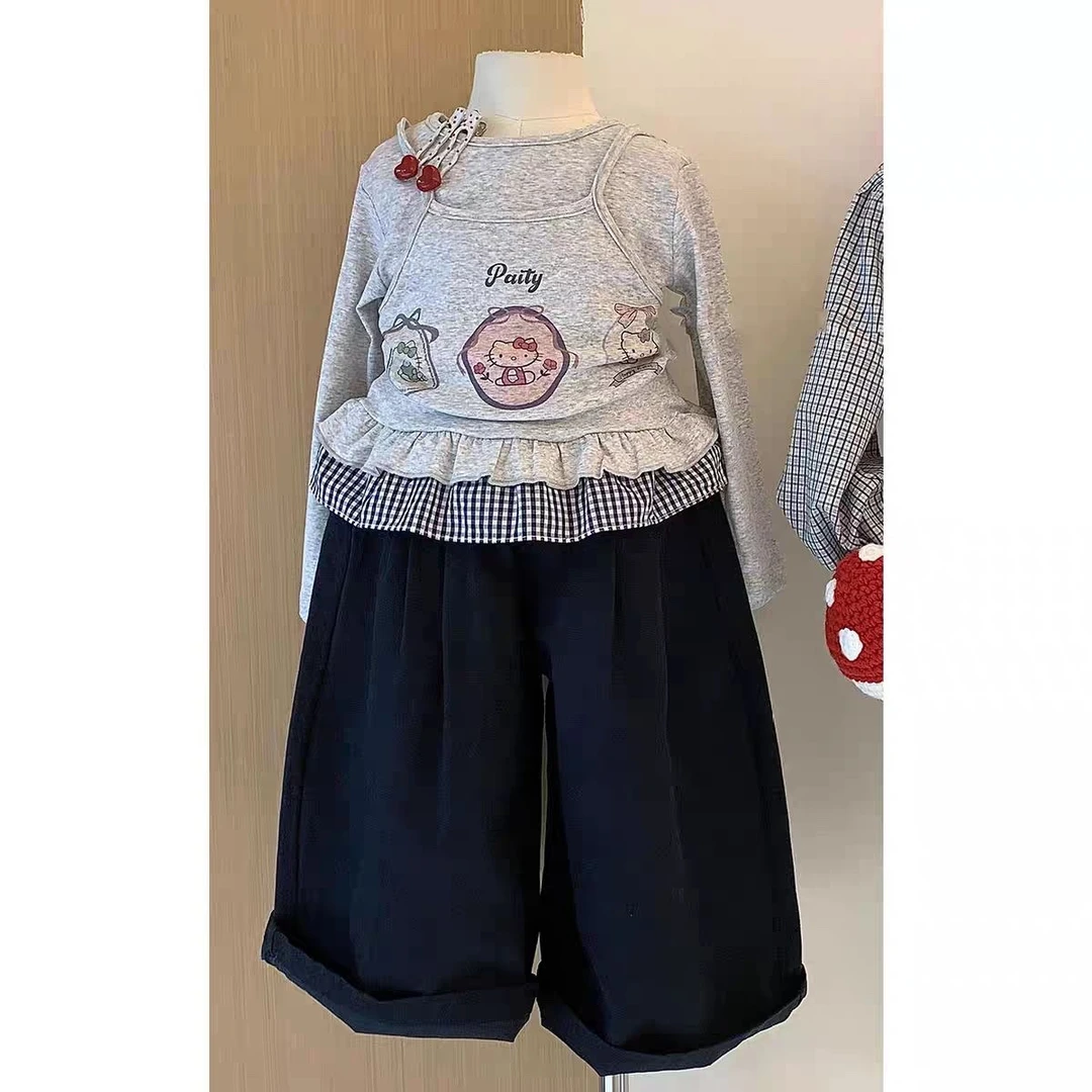 童装女童巨好看秋装长袖套装洋气女孩时髦kitty猫印花假两件上衣