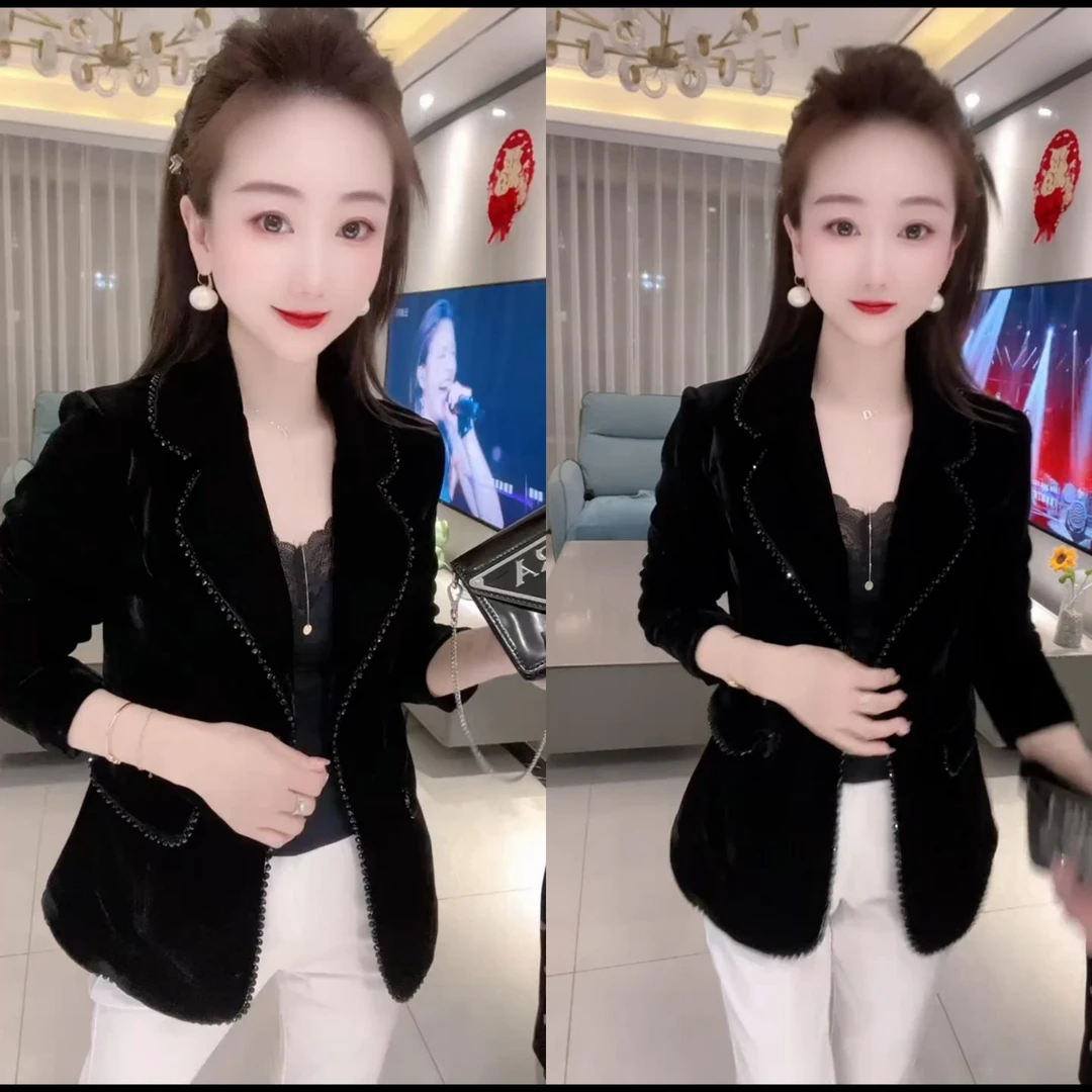 黑色钻石绒西服时尚洋气小个子外套女春秋款气质重工串珠百搭外衣