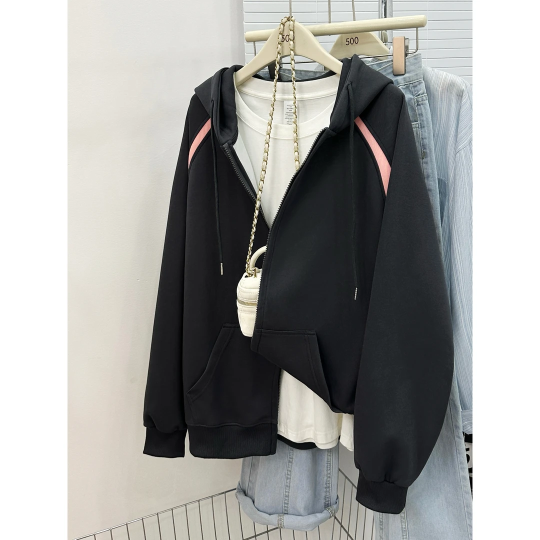 2025秋冬新款开衫连帽卫衣女大码设计感撞色拼接情侣同款拉链外套