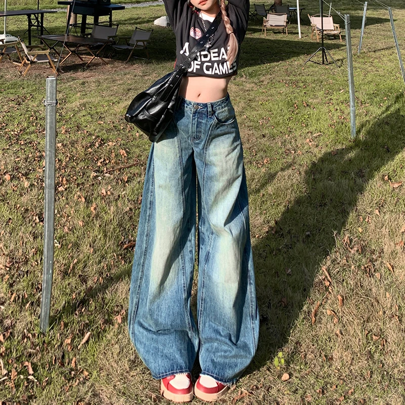 复古高街宽松阔腿弯刀裤女牛仔裤2025新款美式设计感高腰显瘦裤子