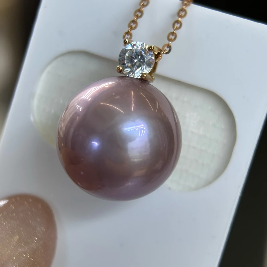 18K玫瑰金 14-15mm淡水珍珠 戴妃吊坠 送银链 紫珠