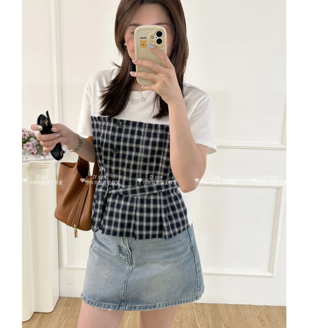 韩系格子拼接上衣9832