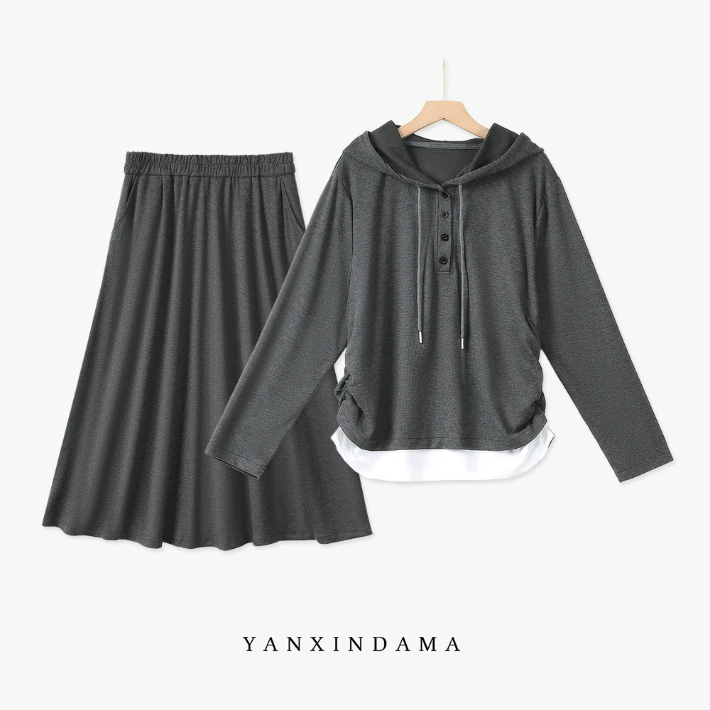 大码女装300斤胖MM连帽假两件上衣+百搭半身裙套装06669