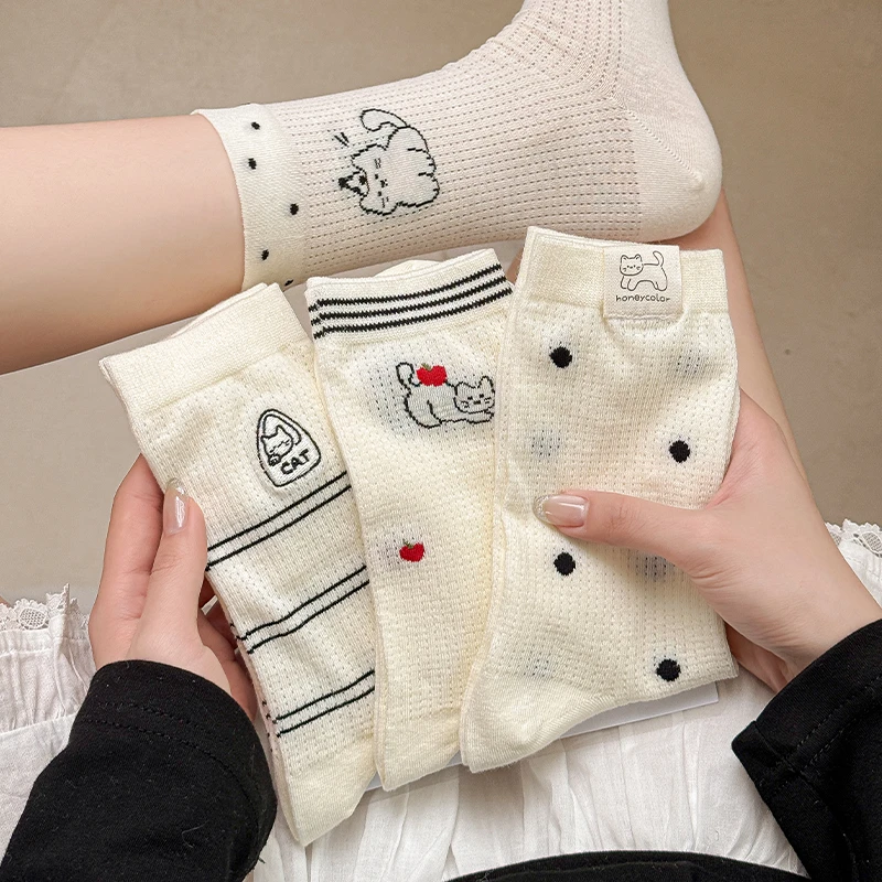 可爱卡通棉袜中筒袜子女春夏季轻薄透气少女学院风猫咪无骨堆堆袜