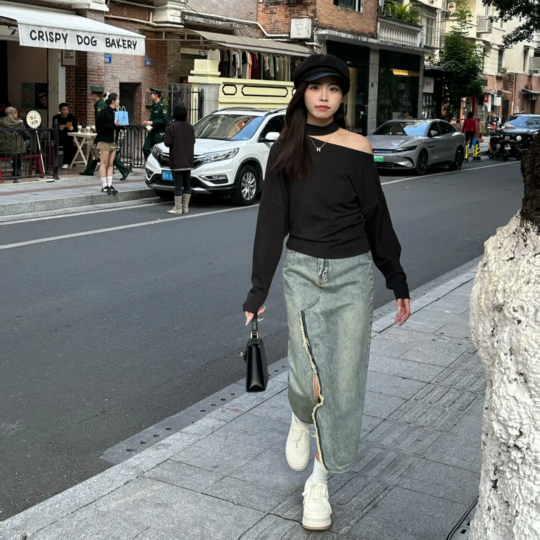 小众设计感开衩半身裙秋冬复古牛仔裙中长款遮肚子包臀裙长裙裙子