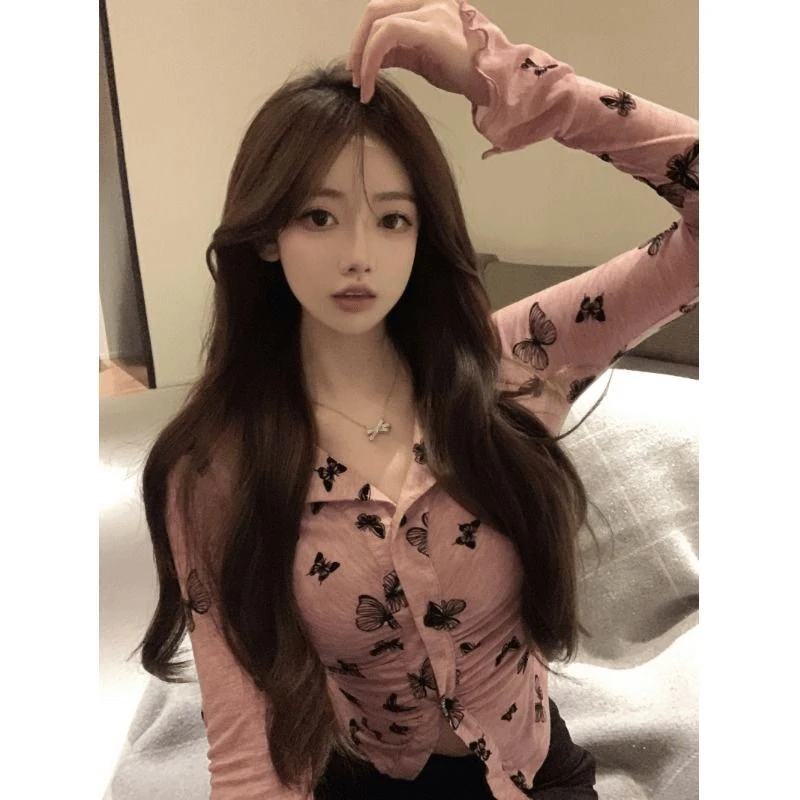 纯欲甜辣复古修身显瘦设计感蝴蝶纽扣开衫小众高级感领短款上衣潮