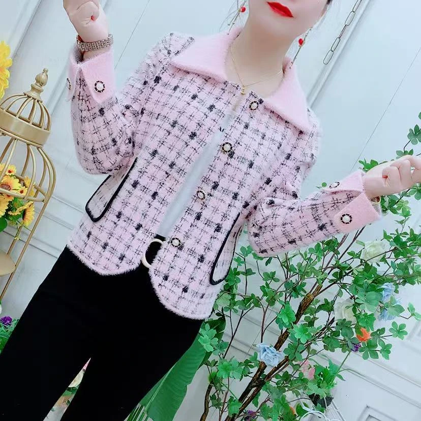 小香风仿水貂绒格子毛衣外套女2025秋冬新款设计感气质针织开衫潮