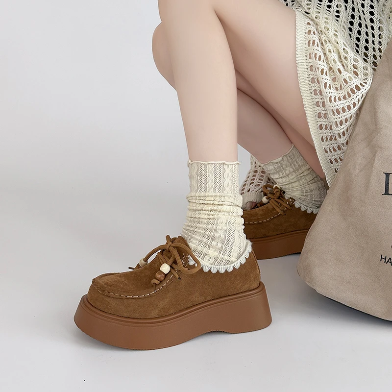 OJRZ时尚圆头设计感系带女鞋2025秋季新款英伦风厚底小个子单鞋