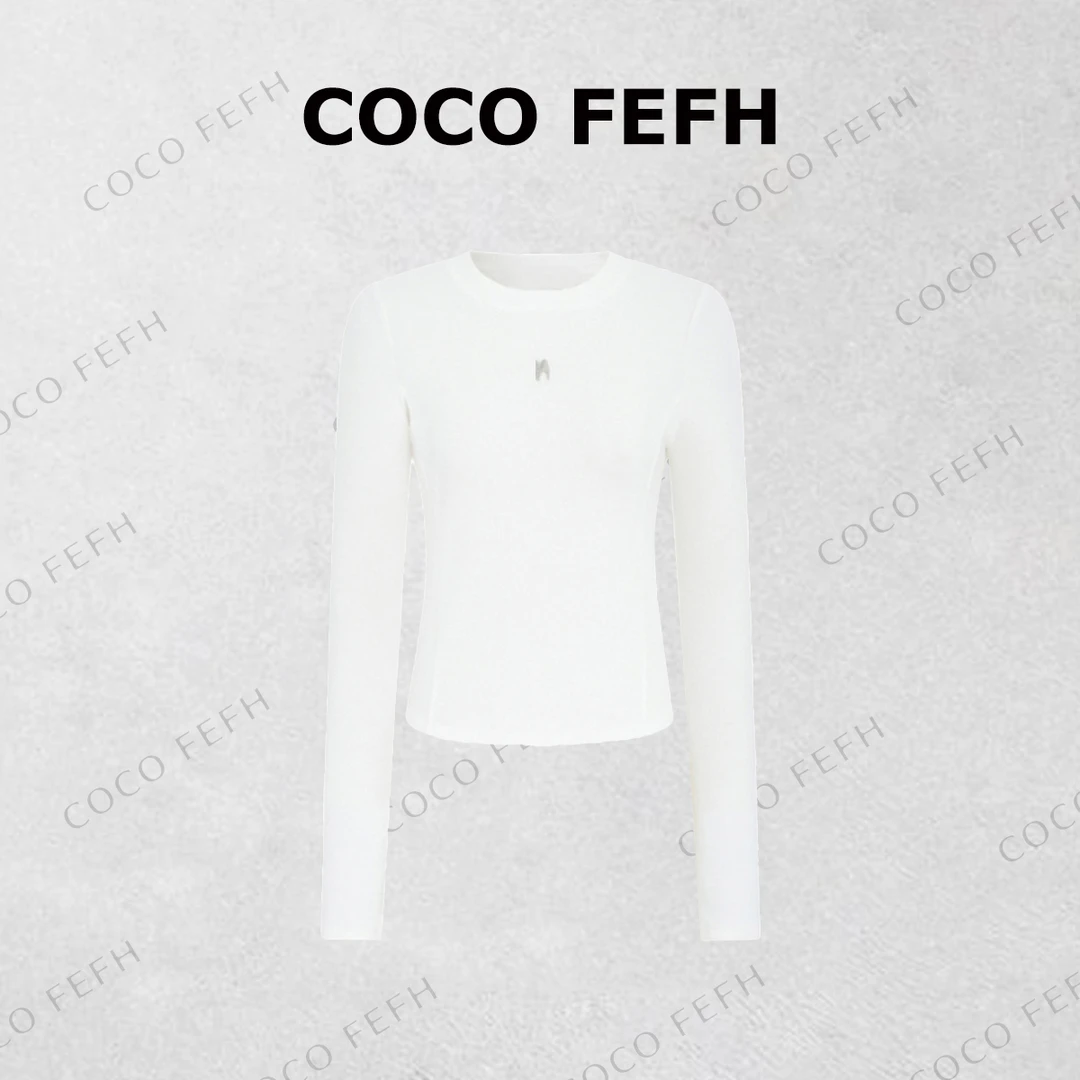COCO FEFH  新品M字母金属章仔弧形下摆修身长袖8912