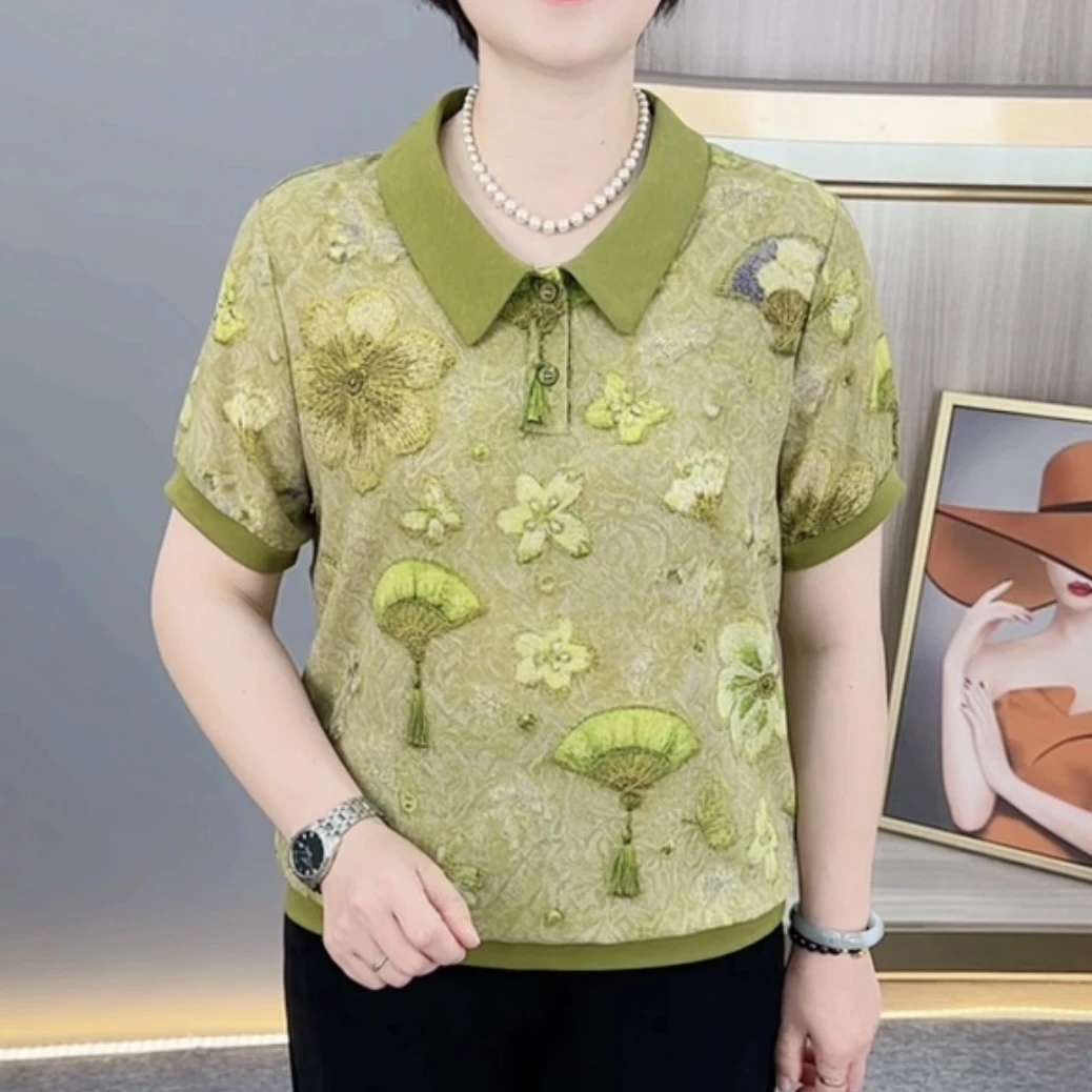 夏季新款精致翻洋气印花气质妈妈装显瘦百搭休闲短袖上衣H8626