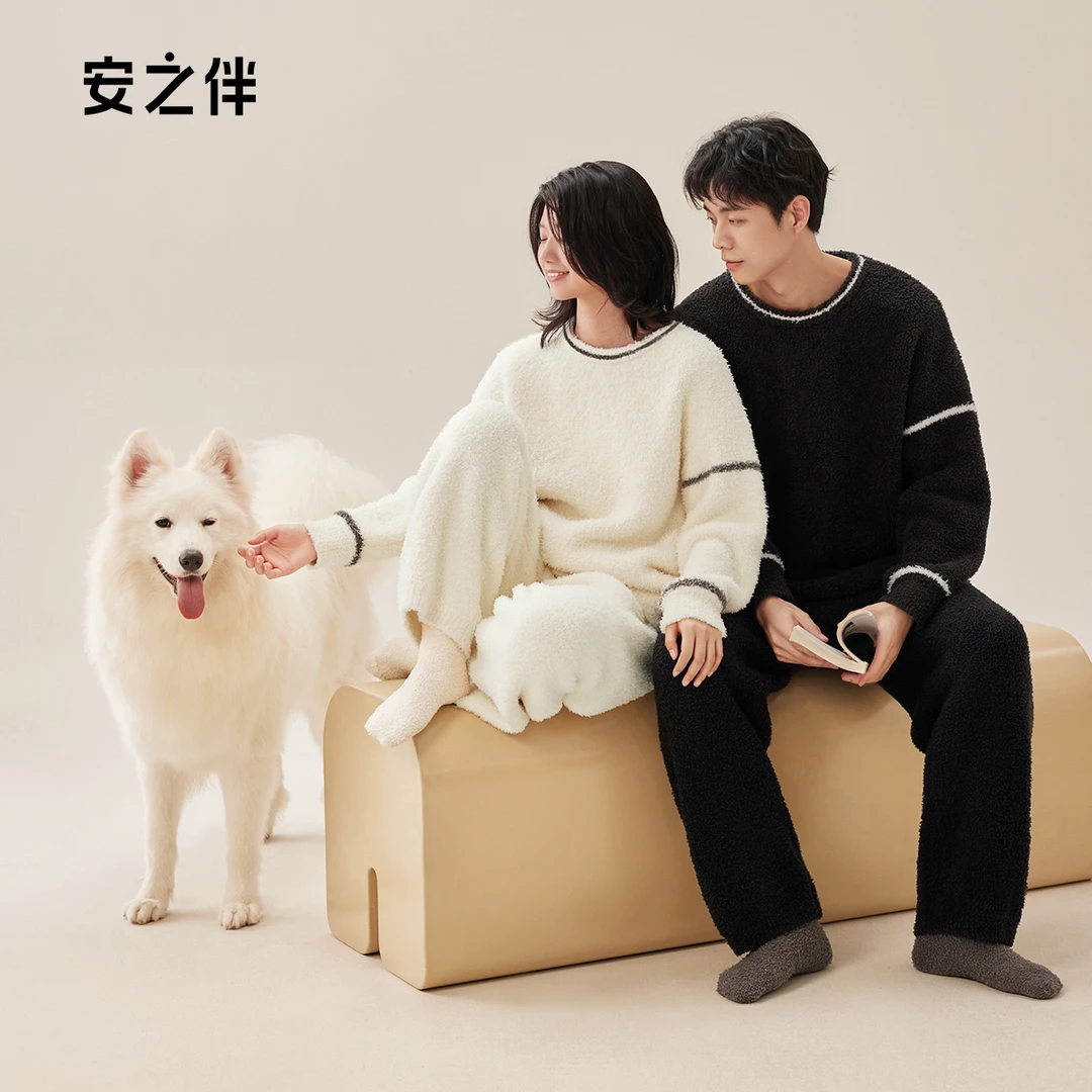安之伴【巨保暖】半边绒秋冬季情侣睡衣女款加绒加厚男士家居服套装