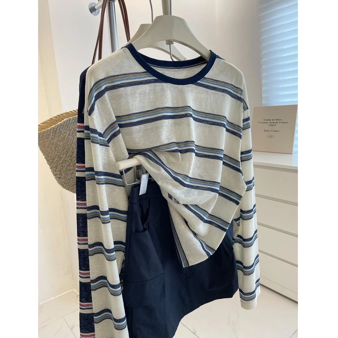 慵懒感~复古显白撞色领条纹防晒衫女！秋垂感宽松显瘦休闲长袖t恤