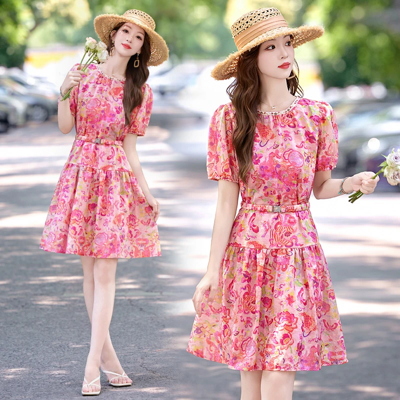 法式复古印花连衣裙女2025夏季新款高级感修身显瘦洋气中长款裙子