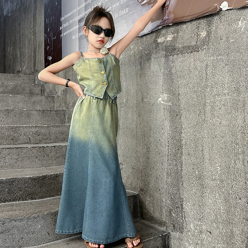 女童吊带鱼尾裙套装2025夏季新款大儿童时尚洋气渐变色牛仔两件套