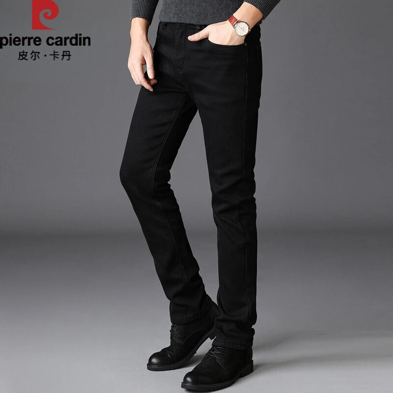 皮尔卡丹高级感黑色牛仔裤男士春秋季休闲男裤修身百搭直筒加绒长