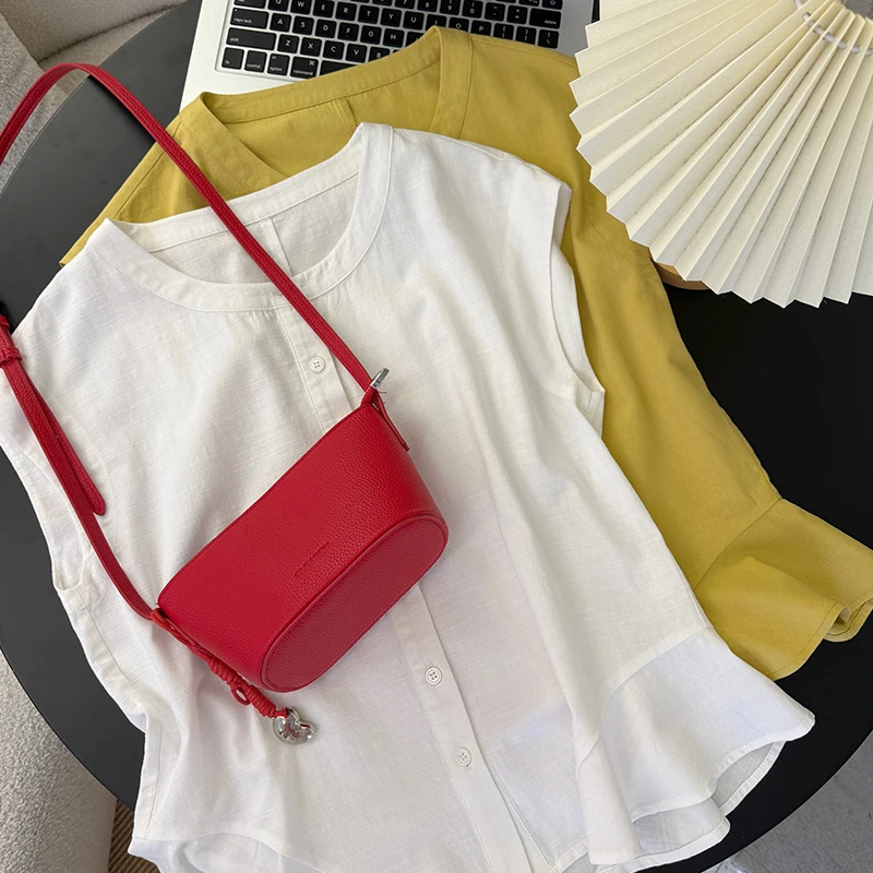 高级感时尚小众超好看荷叶边飞飞袖衬衫女夏季薄款单排扣别致小衫