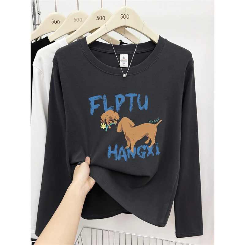 狗狗印花正肩长袖T恤女2025秋冬季胖mm大码显瘦圆领打底衫上衣潮