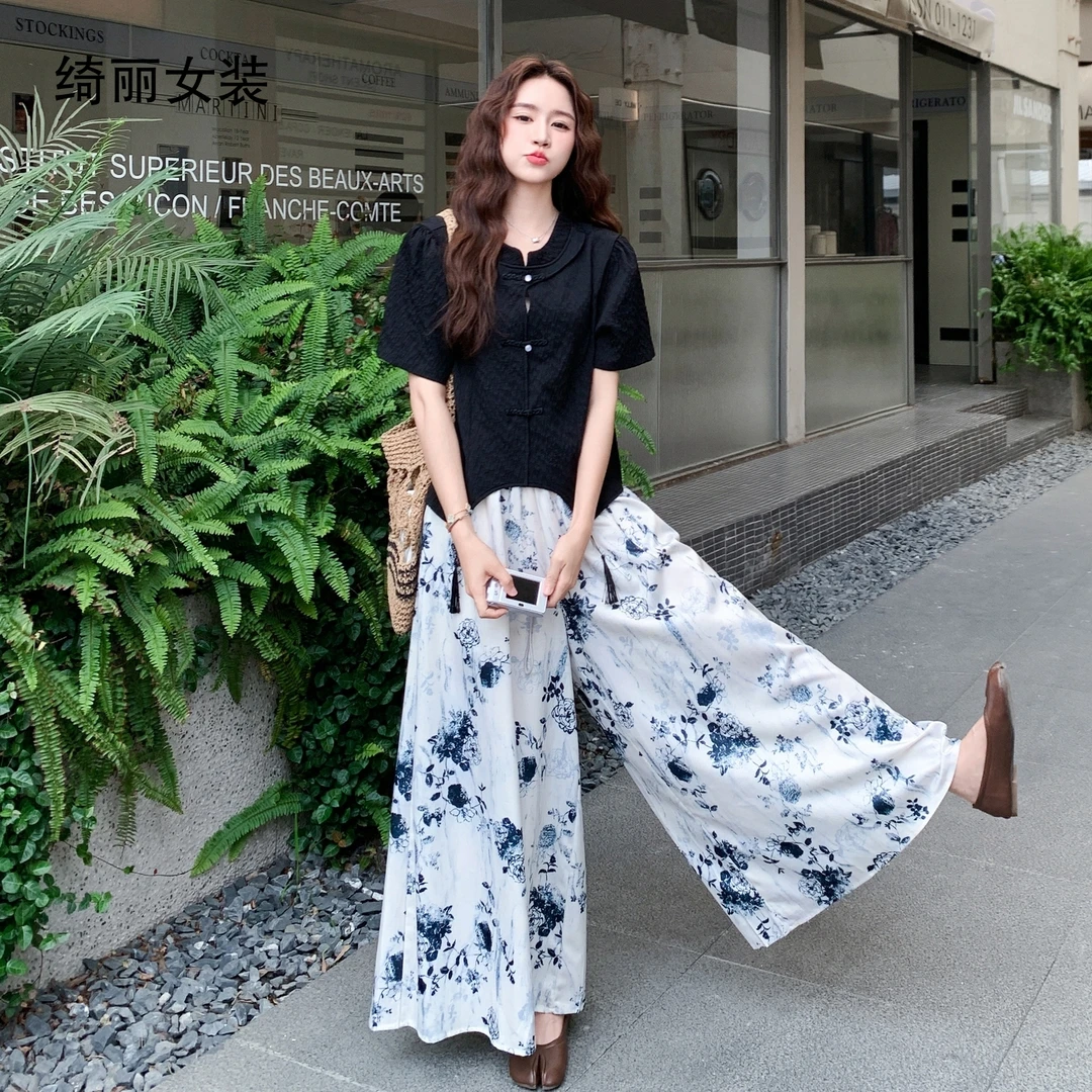 绮丽爆款纯色上衣国风阔腿裤套装T628短袖碎花显瘦气质高腰洋气