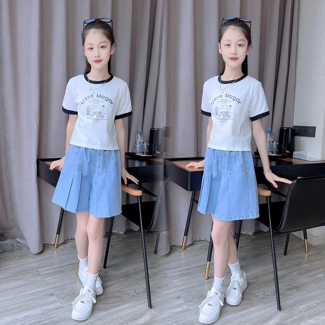 女童夏装短裤中大童洋气短袖上衣搭配牛仔短裙裤网红时尚休闲薄款