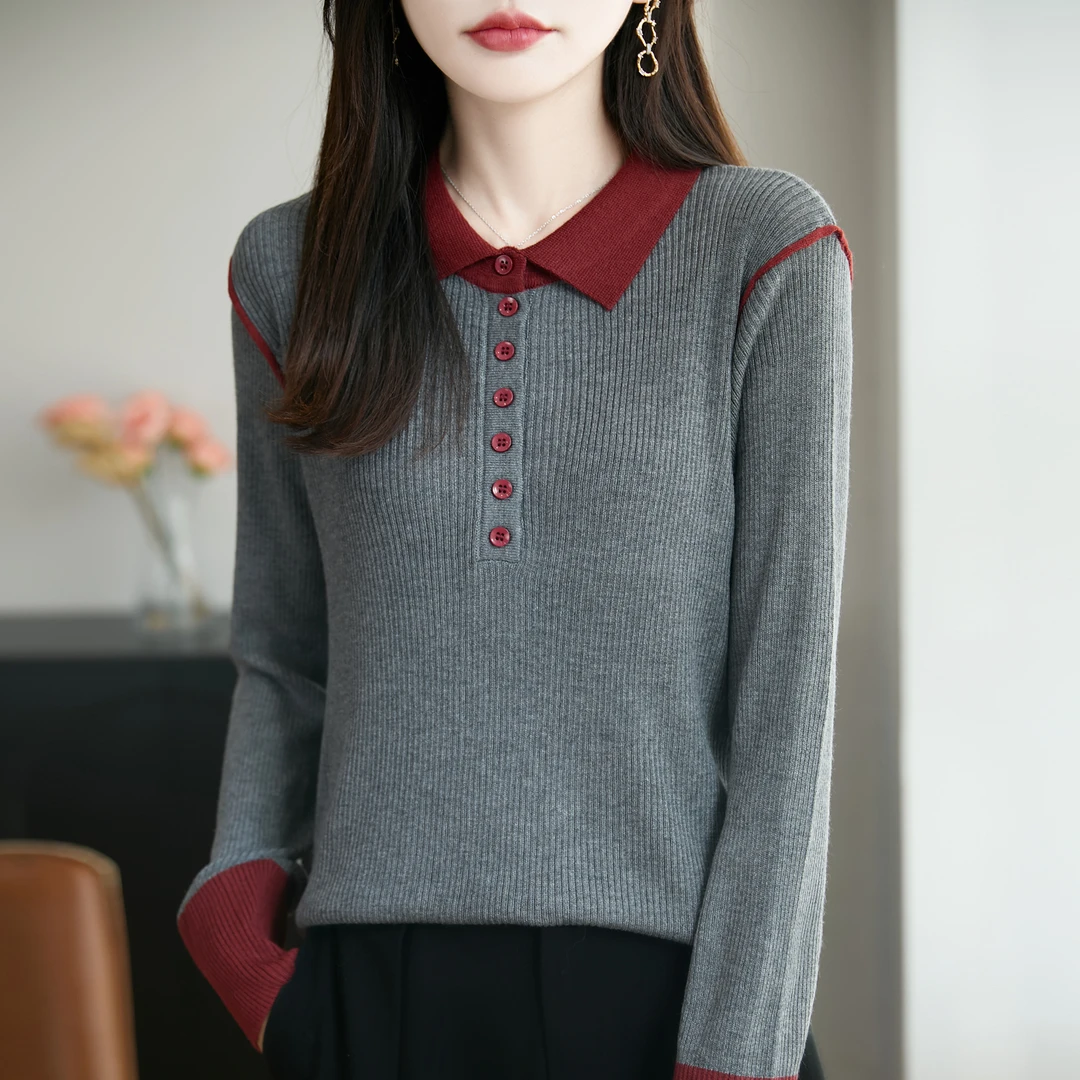 品牌秋季POLO领撞色羊毛长袖针织衫气质时尚翻领洋气百搭打底衫