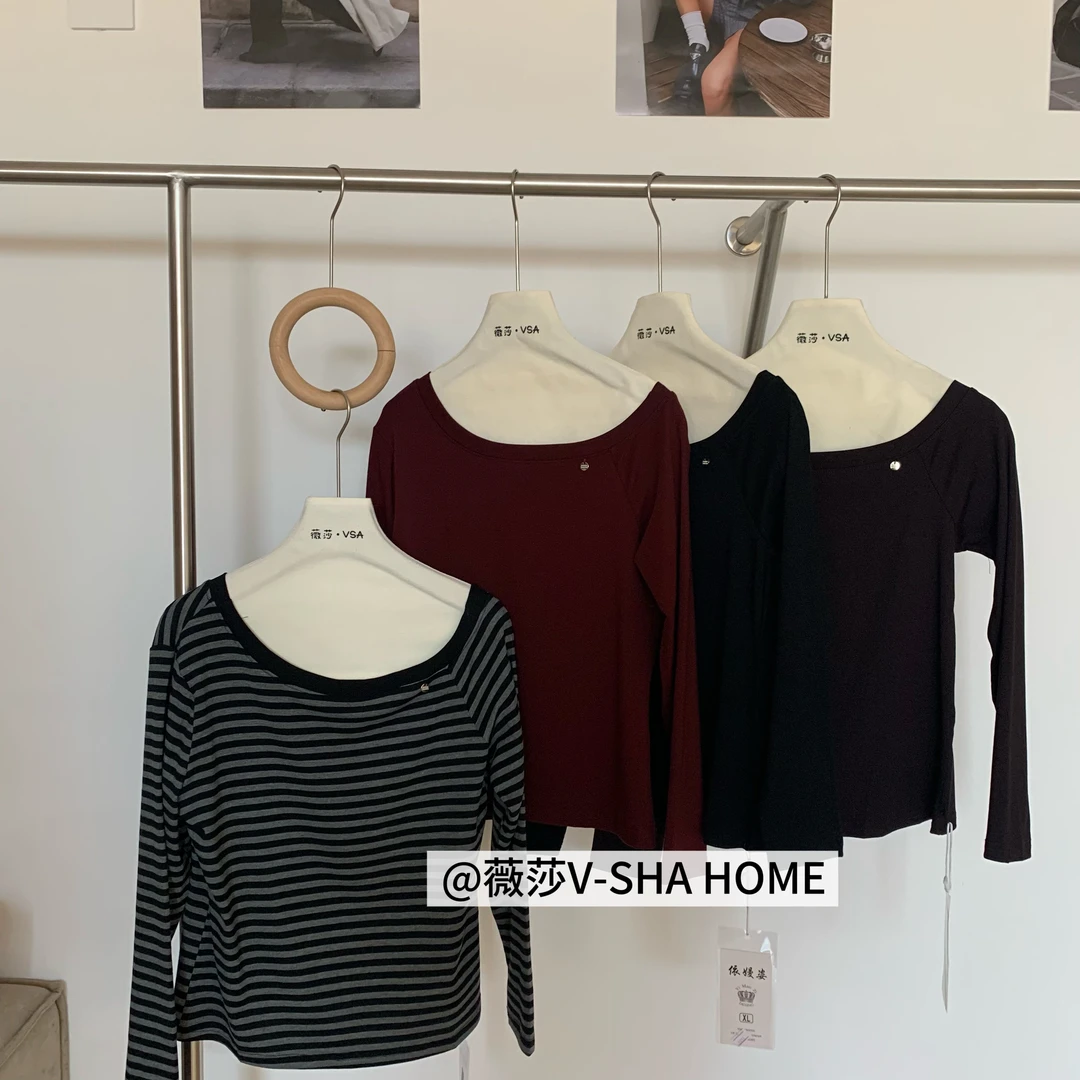 薇莎8926【现货】韩版秋季新款内搭斜领露肩百搭显瘦长袖T恤女