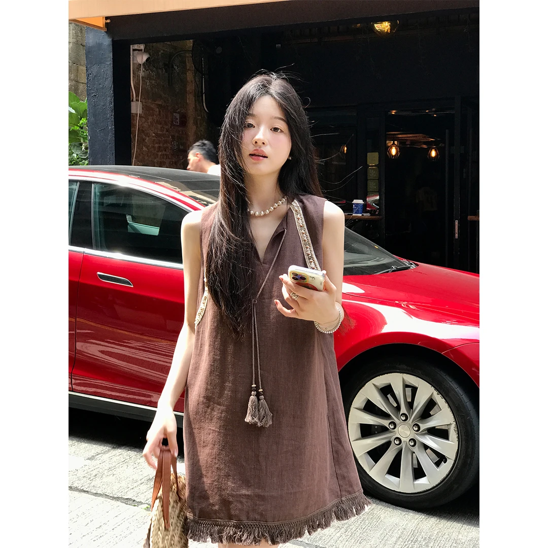 夏诗文 游牧风苎麻莱赛尔天丝系带V领无袖连衣裙女夏