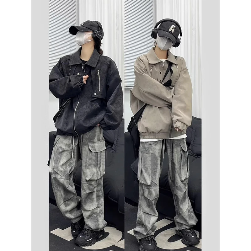 扎染解构短款皮衣外套男款春秋季美式复古cleanfit哈灵顿工装夹克