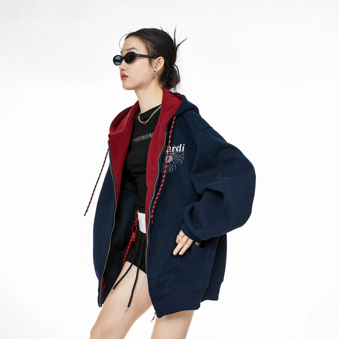 Mardi Moiety高级感藏青色连帽小雏菊卫衣外套女秋冬宽松慵懒上衣