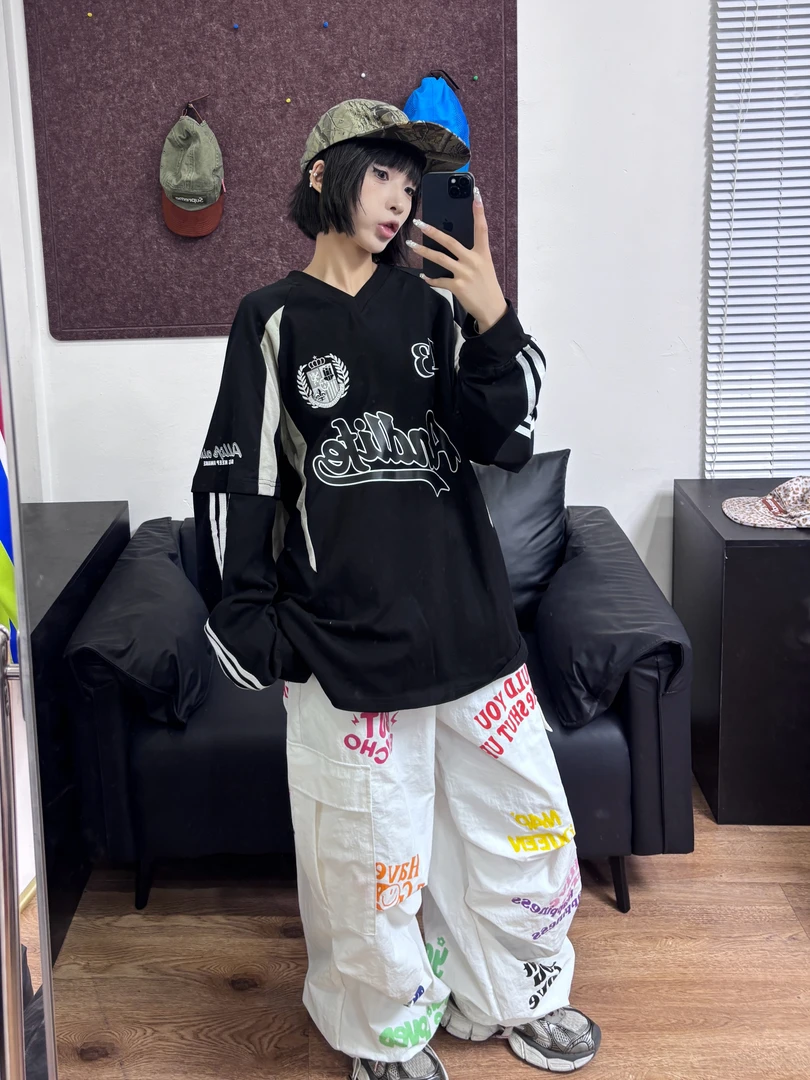 品牌设计三条杠拼接假两件球服长袖百搭打底衫