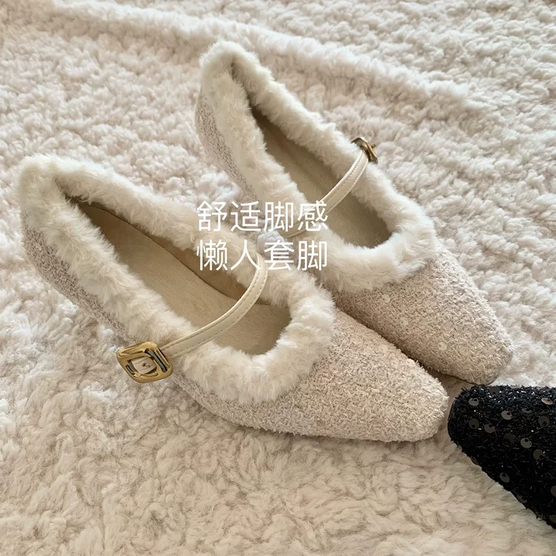 优雅！淑女！千金老钱风~INS小香风毛毛鞋女上班族通勤玛丽珍高跟鞋