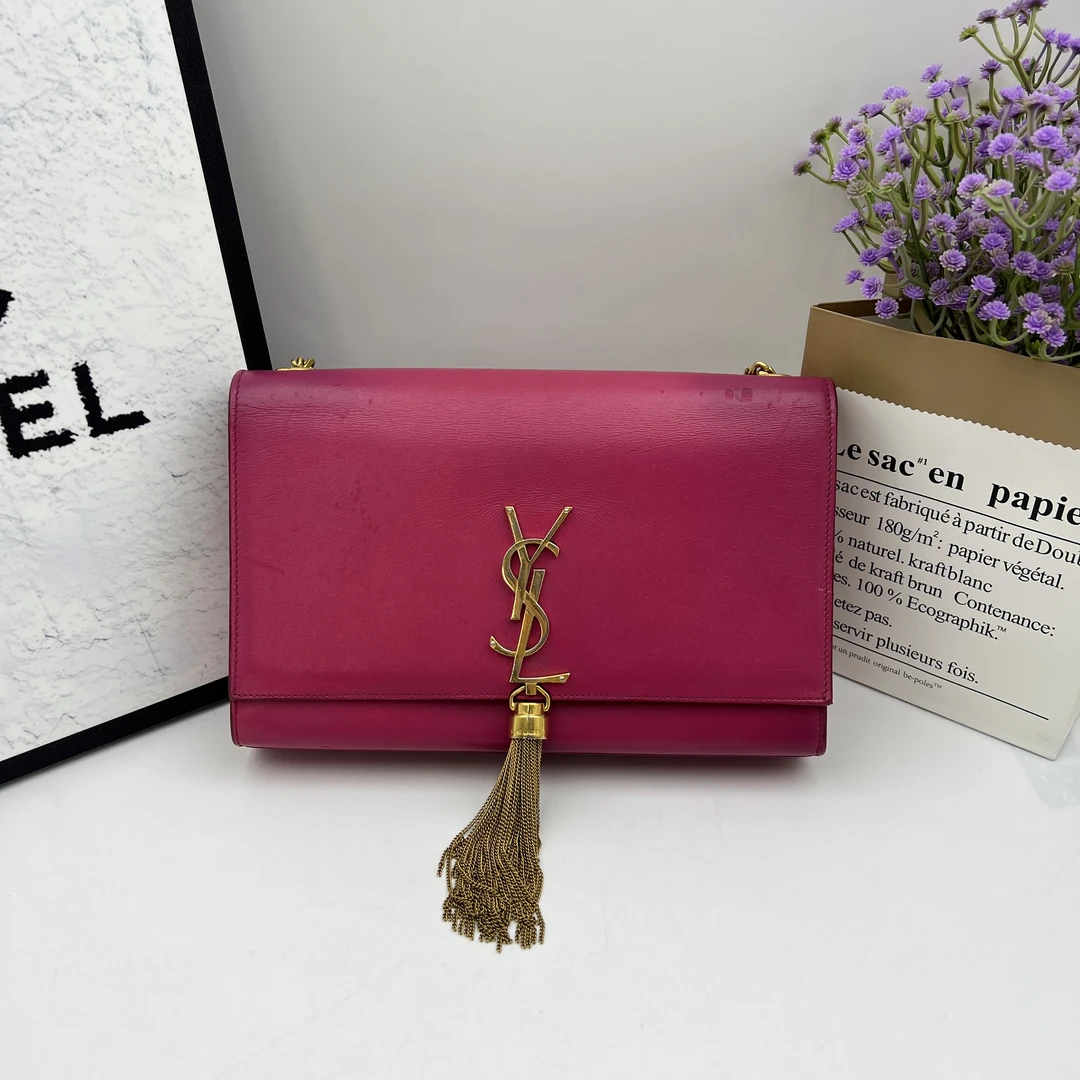 95新 YSL/圣罗兰 9159/粉色圣罗兰流苏链条单肩斜挎包